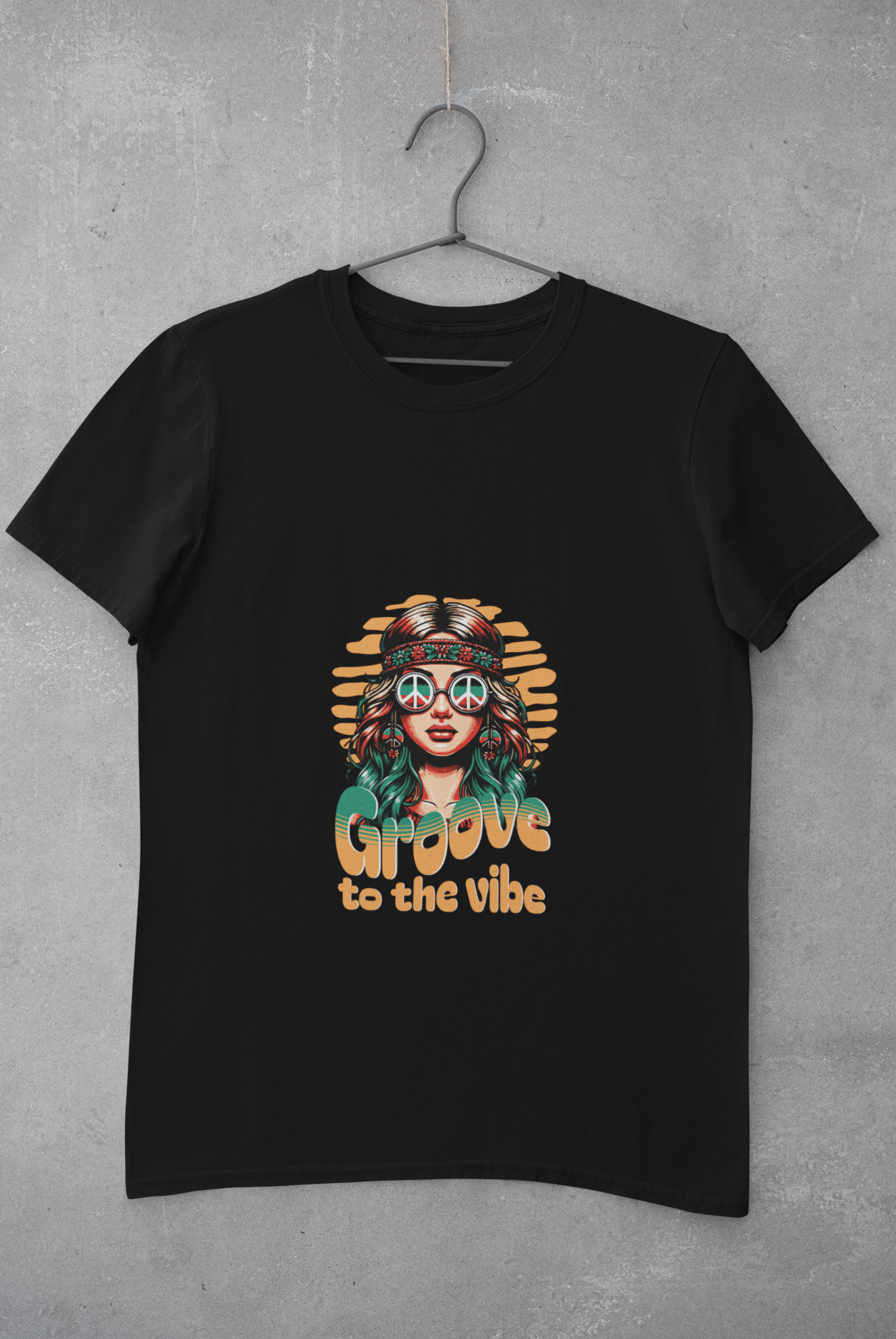 Black graphic t-shirt with colorful hippie girl design and slogan 'Groove to the vibe' retro streetwear style