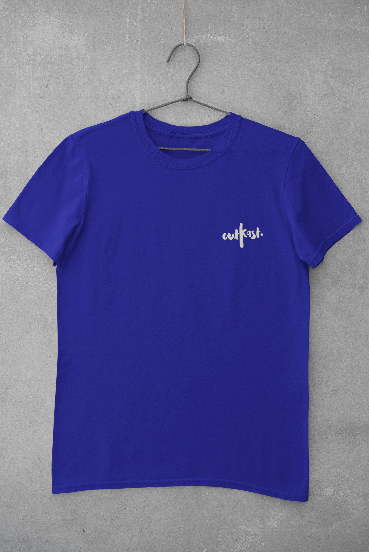 Royal blue Outkast t-shirt with small chest logo, unisex casual streetwear tee on hanger.