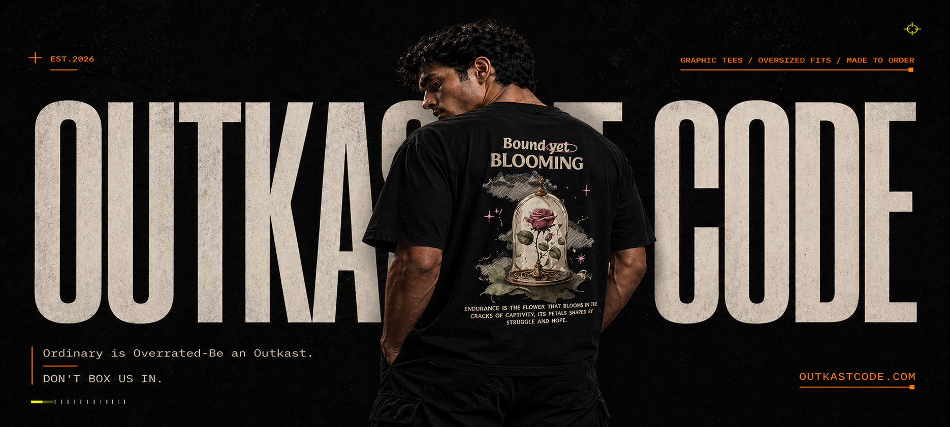 Person wearing a black t-shirt with a graphic design and text, standing in front of a dark background with 'Outkast Code' branding.