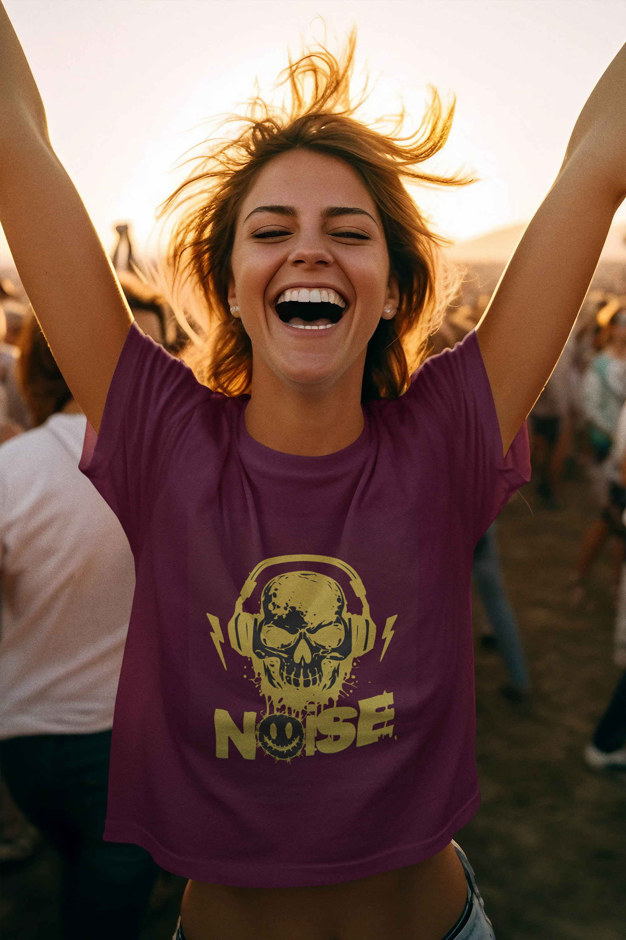 Woman wearing a purple t-shirt with a skull design and 'NOISE' text, laughing outdoors.