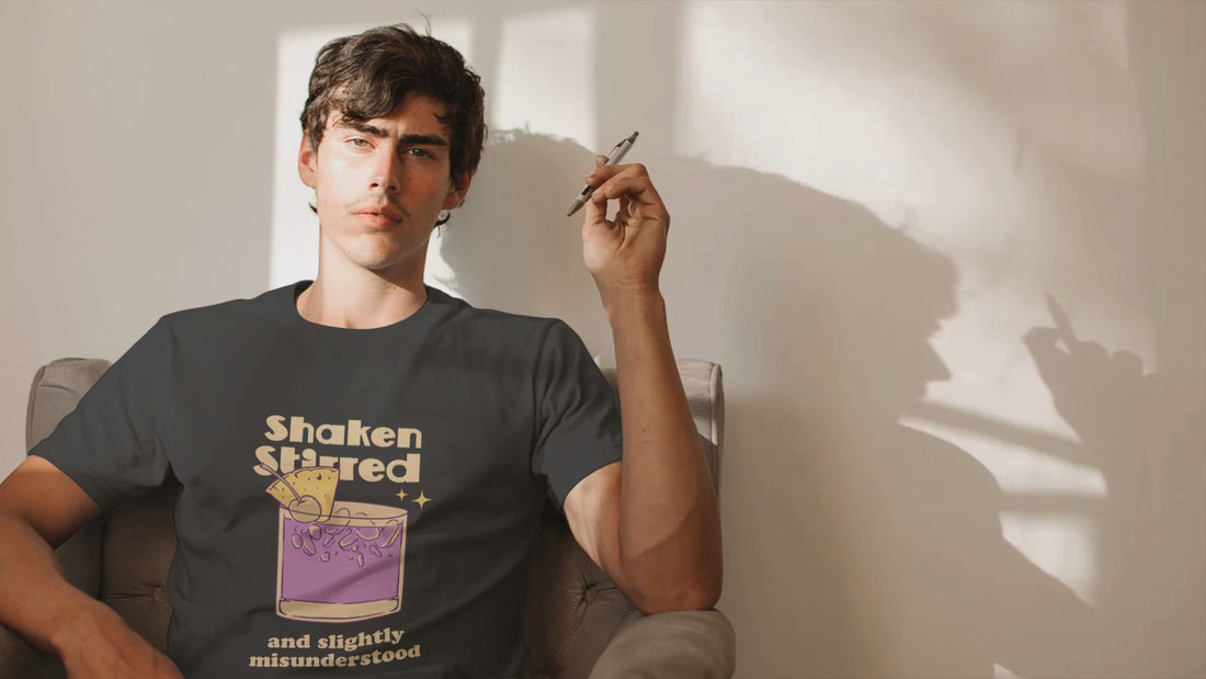 BLACK T SHIRT SHAKEN AND STIRRED DESIGN